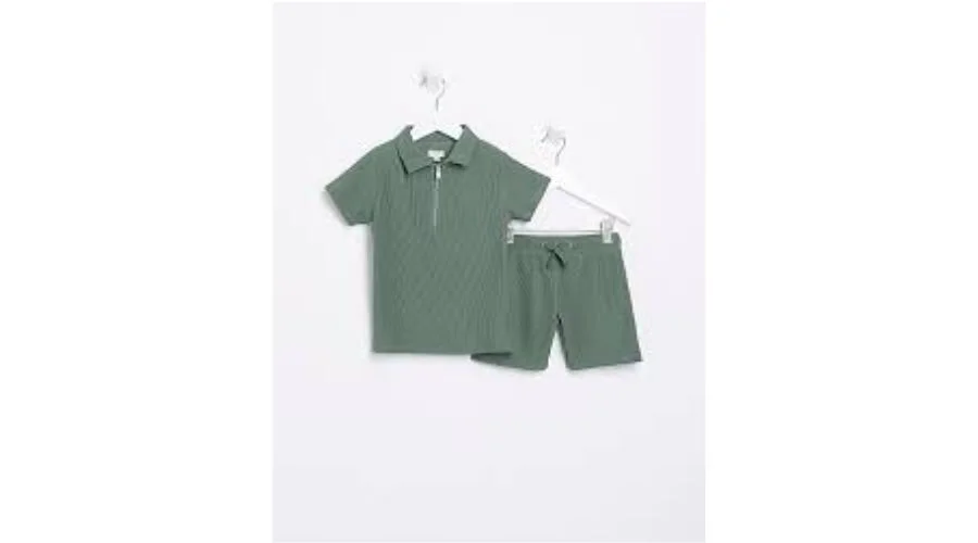 Mini Boys Khaki Plisse Polo Shirt Set