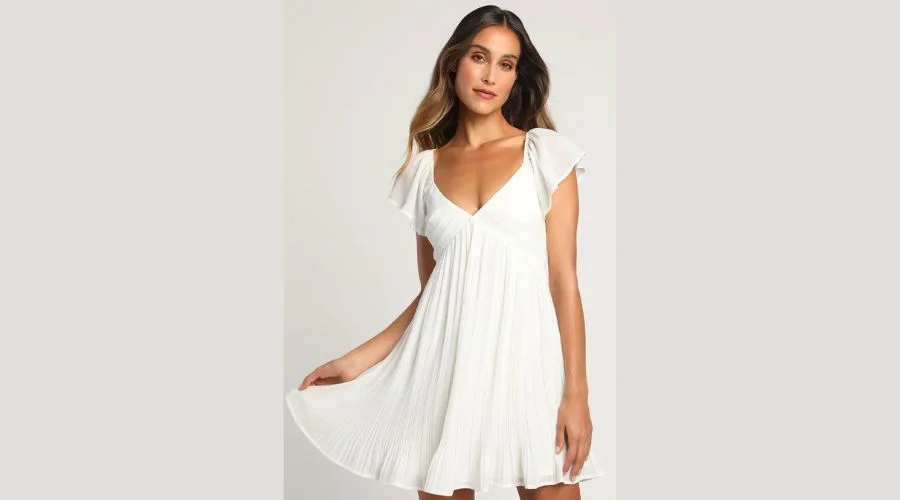 Amalfi Coast White Pleated Flutter Sleeve Mini Dress
