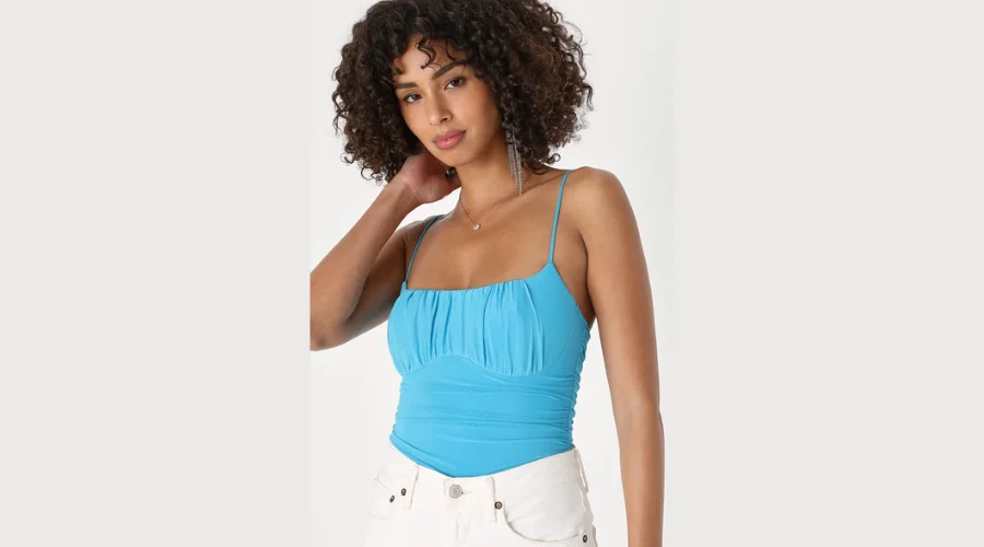 Blue Ruched Mesh Top