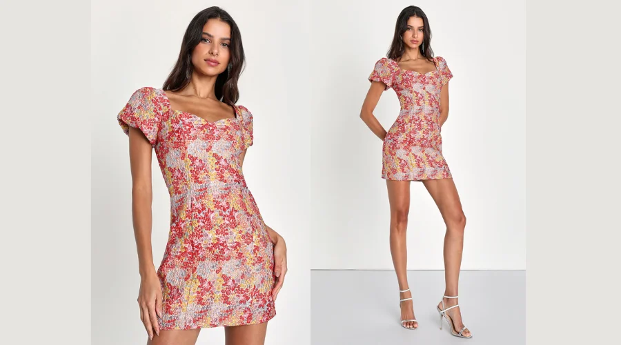 Blush Floral Jacquard Puff Sleeve Mini Dress