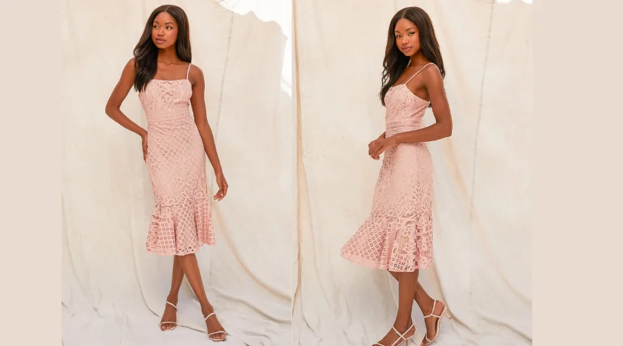 Dusty Pink Lace Trumpet Midi Dress