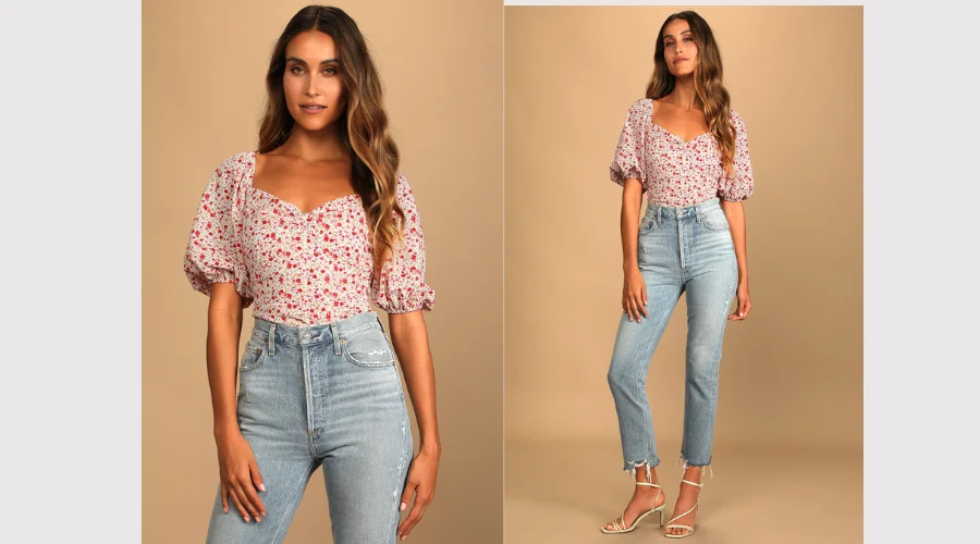 Floral Print Puff Sleeve Ruched Bodysuit