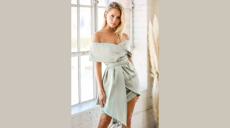 Green Satin Off-the-Shoulder Mini Dress