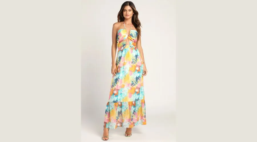 Multi Abstract Print Drawstring Halter Maxi Dress