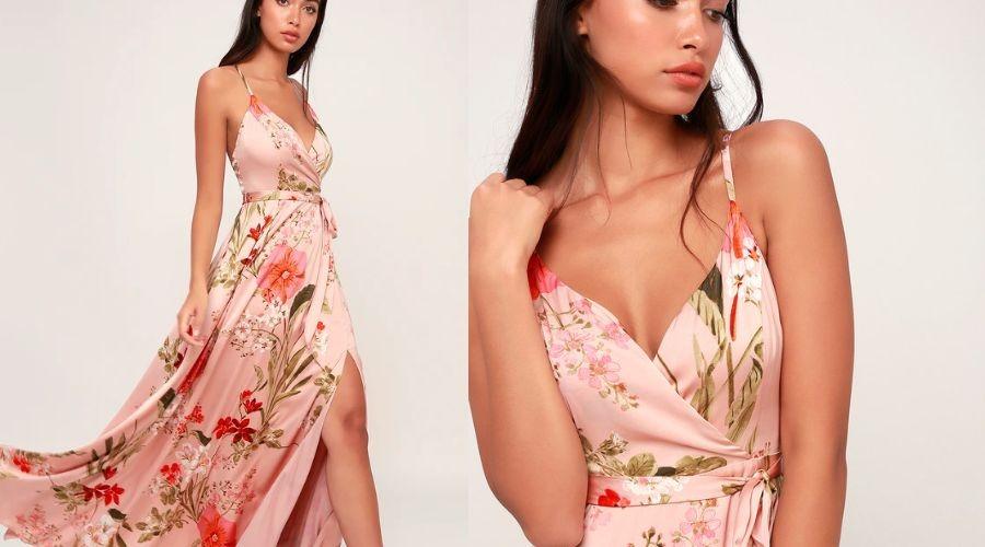 Pink Floral Print Satin Midi Dress