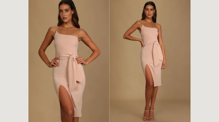 Pink One-Shoulder Bodycon Midi Dress