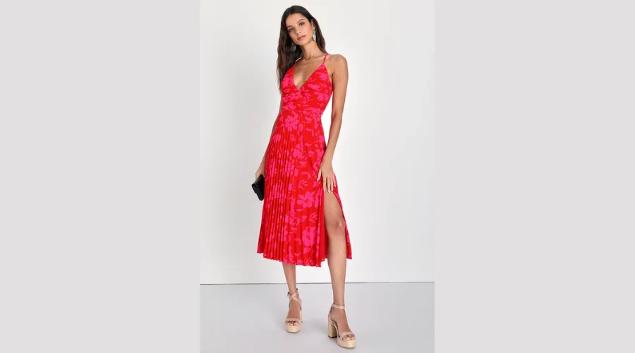Red and Pink Floral Pleated Lace-Up Midi Dress