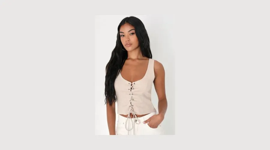 Taupe Lace-Up Cropped Corset Tank Top