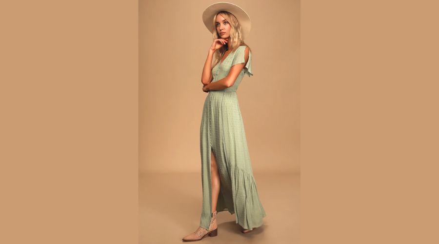 Completely In Love Sage Green Swiss Dot Button-Front Maxi Dress