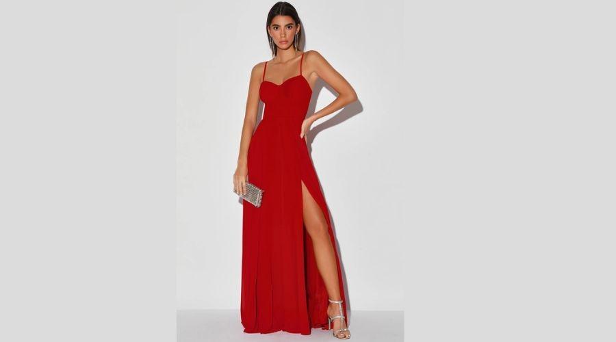Red Pleated Bustier Maxi Dress