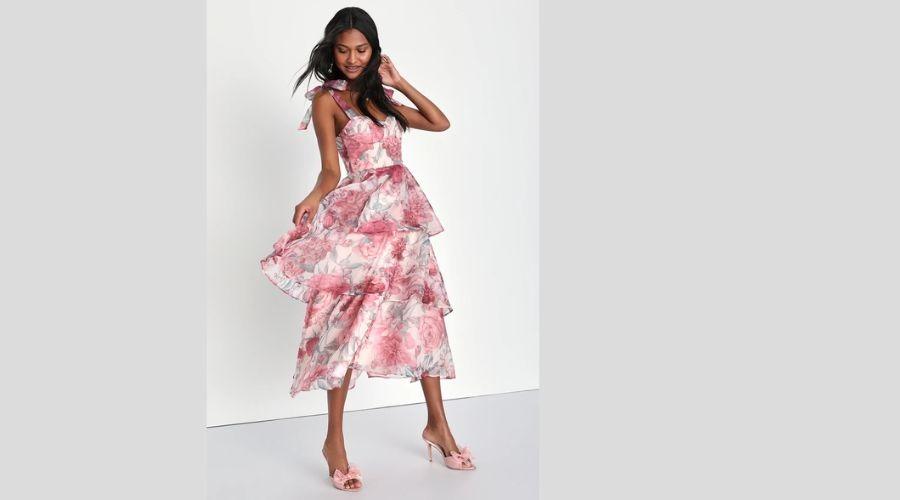 Floral Organza Tie-Strap Tiered Midi Dress