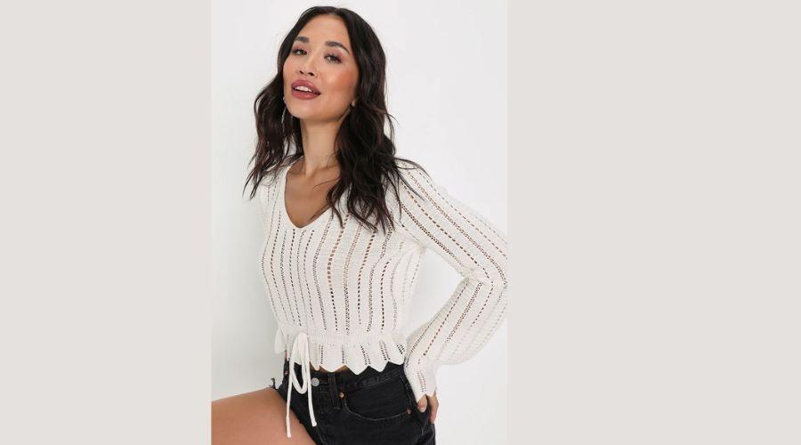 White Knit Drawstring Cropped Sweater Top