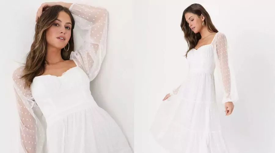 Affectionate Aura White Swiss Dot Tiered Bustier Midi Dress 