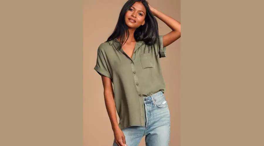 Green Short Sleeve Button-Up Casual Top 