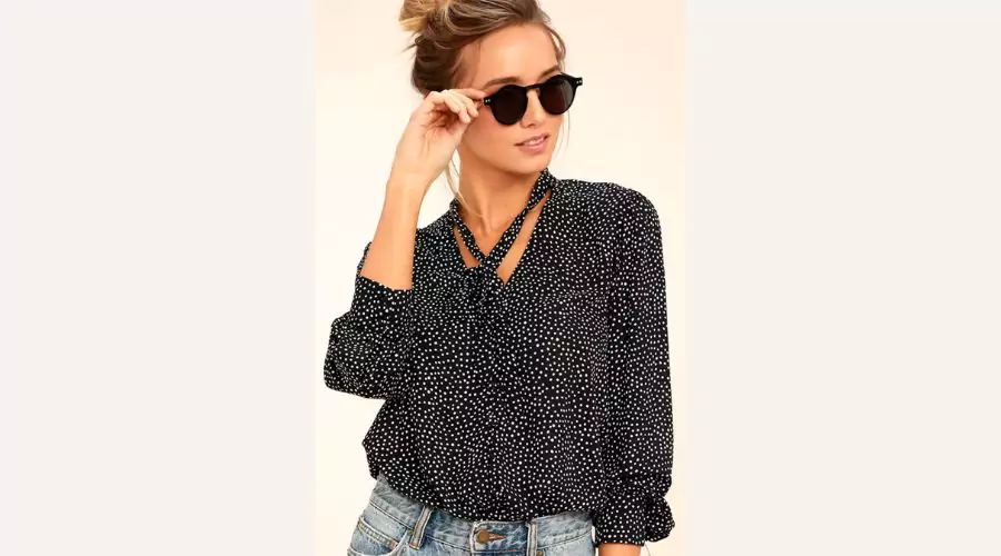 On the Spot Black Polka Dot Button-Up work Top