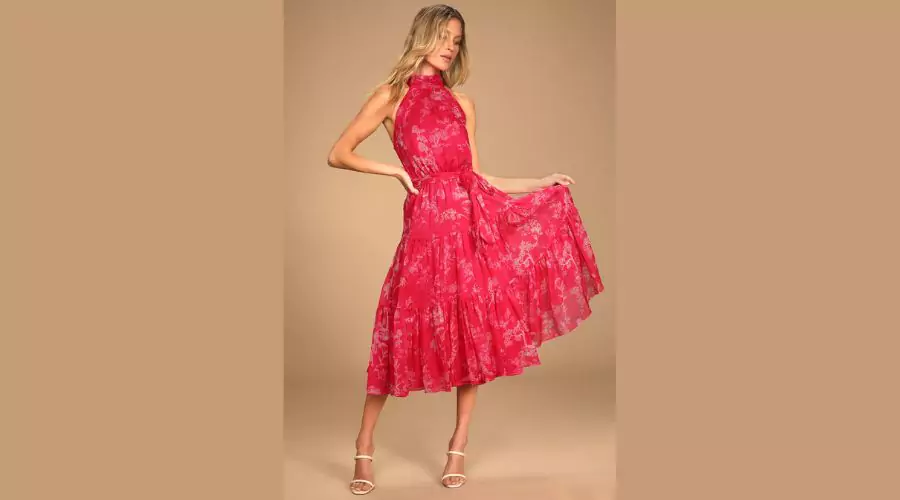Pink Floral Halter Midi Dress