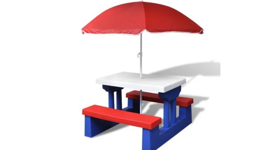 Children's Picnic Table with Benches and Parasol Multicolour - Red+Blue+White