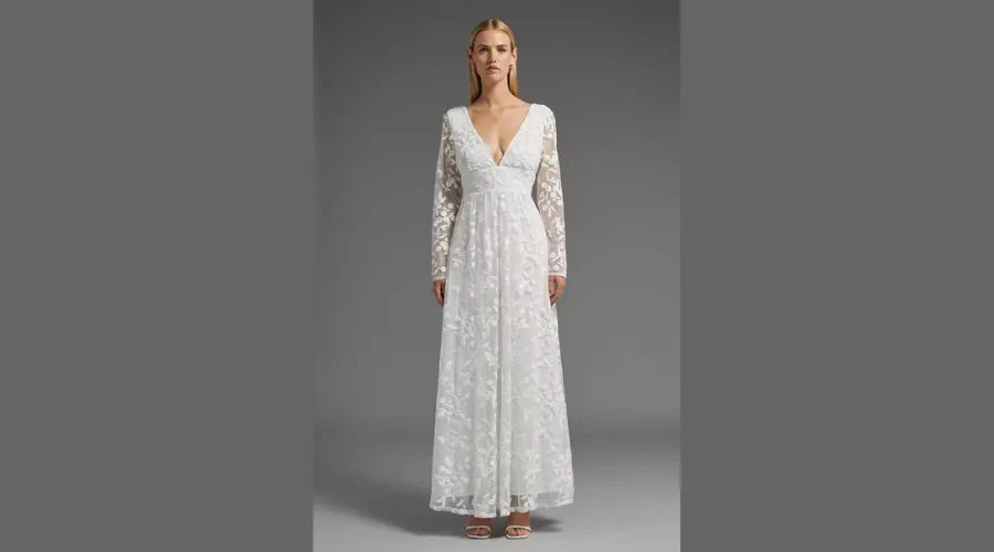 Deep V Embroidered Long Sleeve Maxi Dress