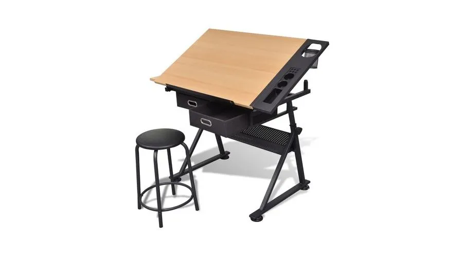 vidaXL Drawing table with 2 drawers and stool 