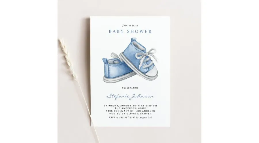 Watercolor Blue Baby Shoes Boy Baby Sprinkle Invitation