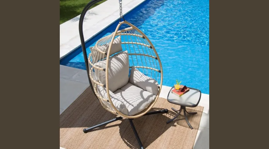 Egg Hammock Beige Swing with Rattan Fabric and Steel Frame