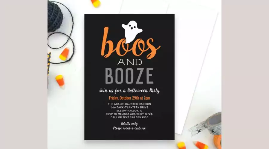 Boos and Booze Black Orange Adult Halloween Party Invitation