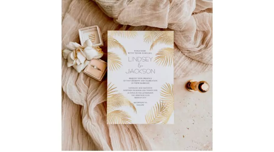 Palm tree tropical minimalist beach wedding gold foil invitation