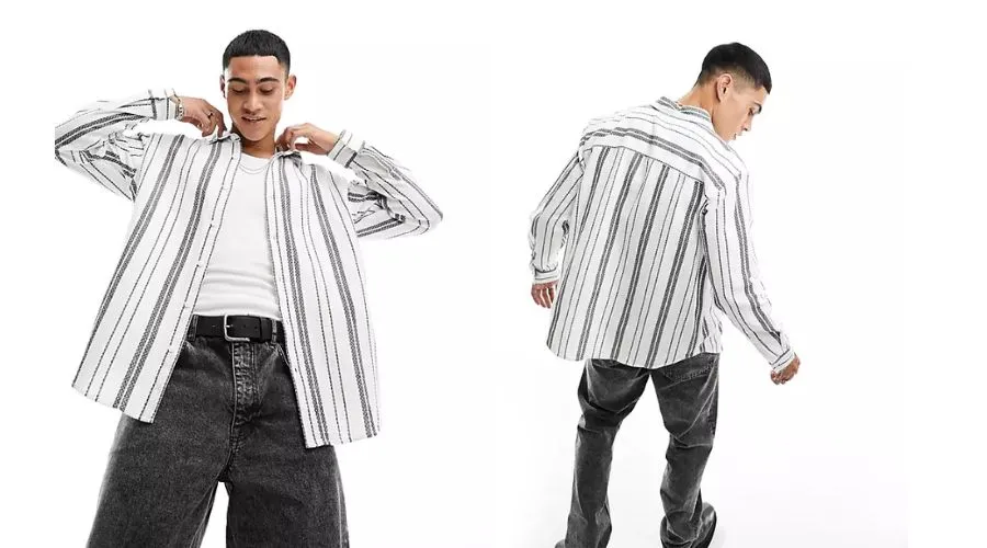 Pull&Bear Long Sleeve Striped Shirt in White