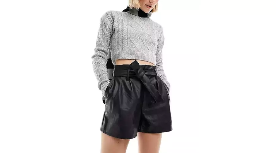Miss Selfridge belted faux leather shorts in black