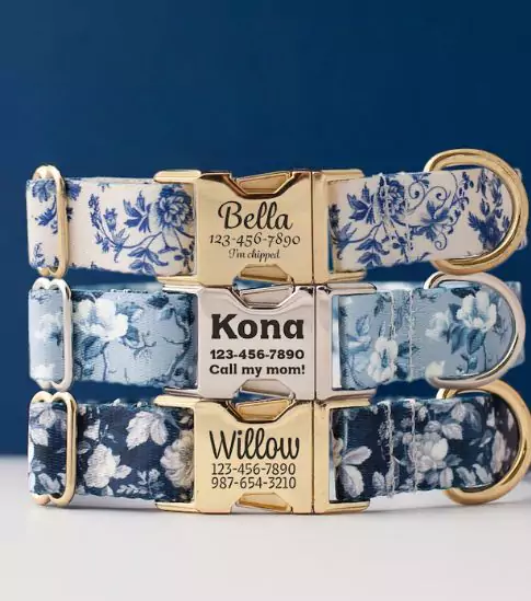 Blue Floral Dog Collar Personalized Chinoiserie Collar for Girls
