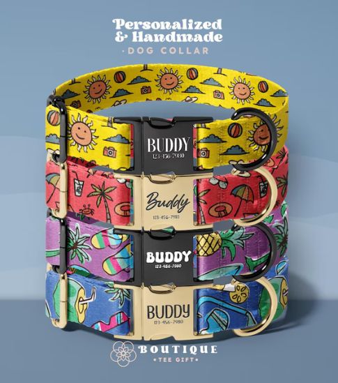 Summer-Themed Handmade Dog Collar, Custom Personalized Pet Name